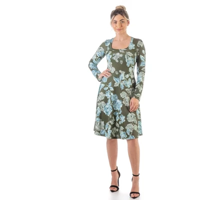 24seven Comfort Apparel Green Floral Long Sleeve Knee Length T Shirt Dress - Image 5