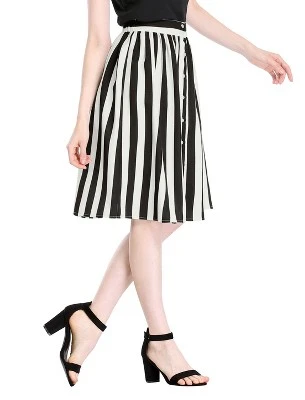 Allegra K Women's Stripes Button Front Elastic Back A-Line Midi Skirt - Image 4