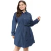 Agnes Orinda Women's Plus Size Long Sleeves Belted Above Knee Denim T-Shirt Dresses