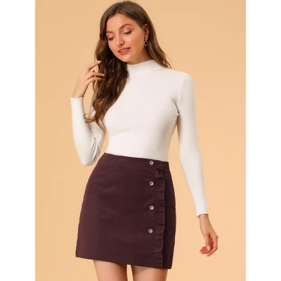 Allegra K Women's Corduroy Vintage Button Decor Ruffled Trim High Waist Mini Skirt - Image 3