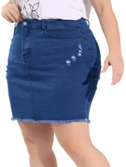 Agnes Orinda Women's Plus Size Raw Hem Denim Bodycon Skirt