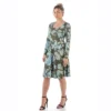 24seven Comfort Apparel Green Floral Long Sleeve Knee Length T Shirt Dress