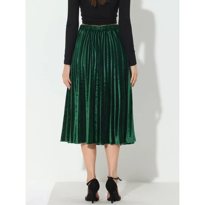 Allegra K Women's High Elastic Waist Velvet Pleated Swing Midi Skirt - Image 3