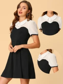 Allegra K Women's Peter Pan Collar Short Sleeve Contrast Panel Work Short Dress