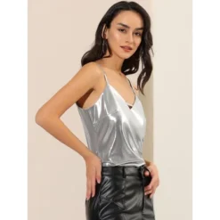 Allegra K Women's Metallic Shiny Party Tank Top Deep V Camisole Tops