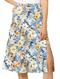 Allegra K Women's Boho Floral High Waist Split A Line Midi Skirt