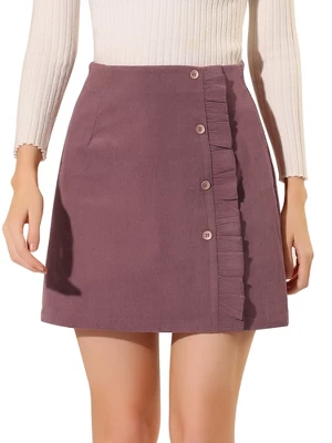 Allegra K Women's Corduroy Vintage Button Decor Ruffled Trim High Waist Mini Skirt - Image 9