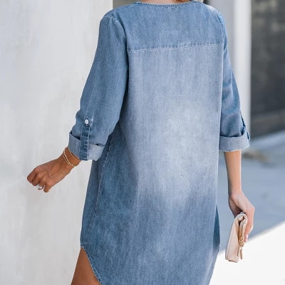 Women's Stonewash Denim V-Neck Mini Dress - Cupshe - Image 4