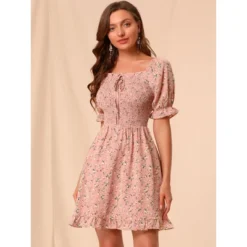 Allegra K Women's Square Neck Puff Sleeve Smocked Floral Ruffled Hem Dress