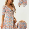 Allegra K Floral Dress For Women's Summer Short Sleeve Sweetheart V Neck Summer Mini Dress