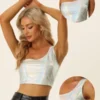 Allegra K Women's Metallic Cropped One Shoulder Party Tank Tops