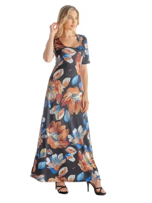 Womens Floral Pattern Elbow Length Relaxed Full Length Casual Dress