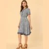 Allegra K Women's Floral Ruffle Neck Smocked Waist Short Sleeve Sundress