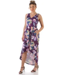 24seven Comfort Apparel Purple Sleeveless Pleated High Low Pocket Dress
