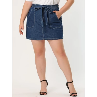 Agnes Orinda Women's Plus Size Denim Detachable Tie Button Front Mini Skirts With Pocket - Image 2