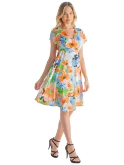 Womens Pastel Floral Empire Waistline Knee Length Dress
