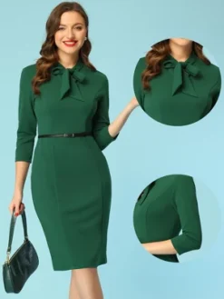Allegra K Women's Front Tie Neck 3/4 Sleeve Work Bodycon Dress