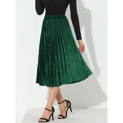 Allegra K Women's High Elastic Waist Velvet Pleated Swing Midi Skirt