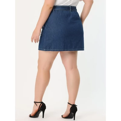 Agnes Orinda Women's Plus Size Denim Detachable Tie Button Front Mini Skirts With Pocket - Image 3