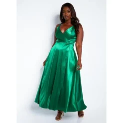 Rebdolls Women's Thalia Satin Midi A Line Dress W. Slit - Emerald