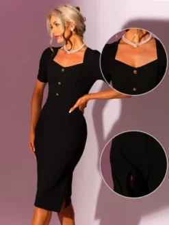 Allegra K Women's Sweetheart Neck Puff Sleeve Slit Cocktail Party Sheath Dress