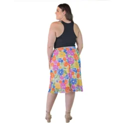Plus Size Sheer Overlay Colorful Floral Elastic Waist Knee Length Skirt