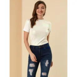 Allegra K Women's Party Metallic Textured Short Sleeve Shiny T-shirts