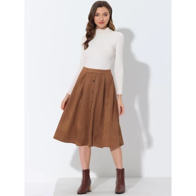 Allegra K Women's Faux Suede Button Front High Waist Pleated Midi Skater Skirt - Image 2
