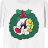 Looney Tunes Sylvetster And Tweety Christmas Wreath Crew Neck Short Sleeve Women's White T-shirt