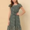 Allegra K Women's Floral Chiffon Flutter Sleeve Belted Square Neck Ruffled Hem Dress