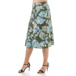 24seven Comfort Apparel Green Floral Elastic Waist Knee Length Skirt