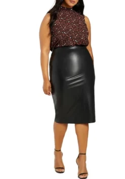 ELOQUII Women’s Plus Size Faux Leather Column Midi Skirt