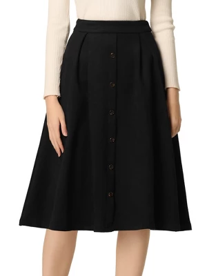 Allegra K Women's Faux Suede Button Front High Waist Pleated Midi Skater Skirt - Image 7
