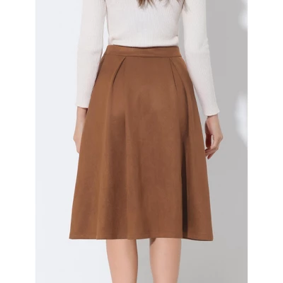 Allegra K Women's Faux Suede Button Front High Waist Pleated Midi Skater Skirt - Image 3