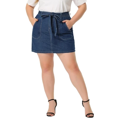 Agnes Orinda Women's Plus Size Denim Detachable Tie Button Front Mini Skirts With Pocket - Image 5