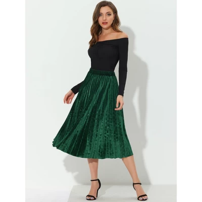 Allegra K Women's High Elastic Waist Velvet Pleated Swing Midi Skirt - Image 2