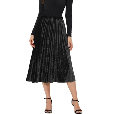Allegra K Women's High Elastic Waist Velvet Pleated Swing Midi Skirt - Image 7