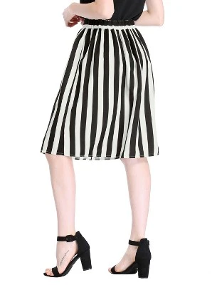 Allegra K Women's Stripes Button Front Elastic Back A-Line Midi Skirt - Image 5